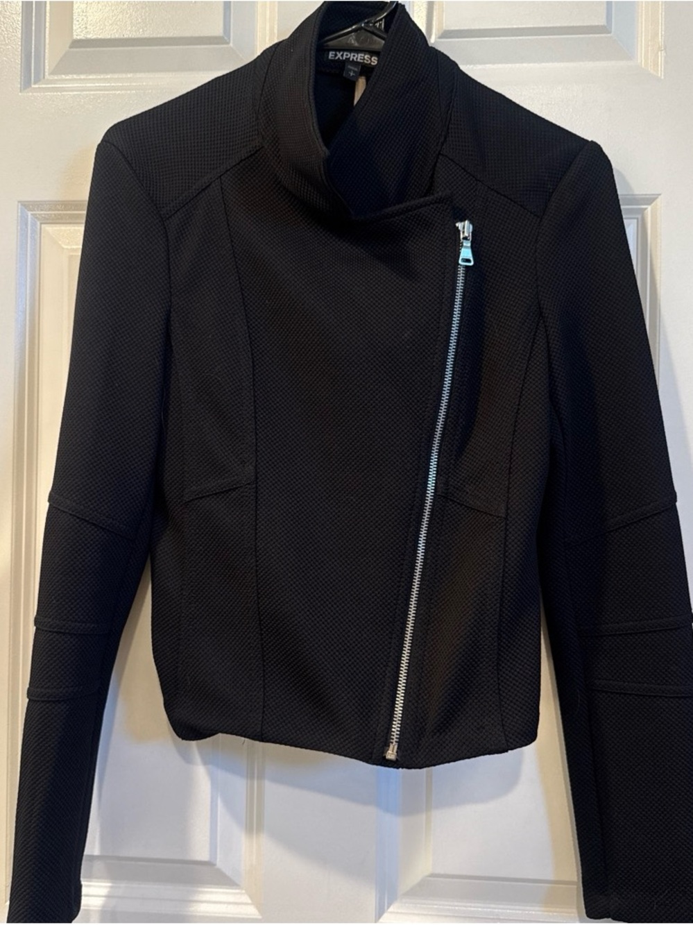 Express Black Women's Textured Asymmetrical Zip Moto Jacket